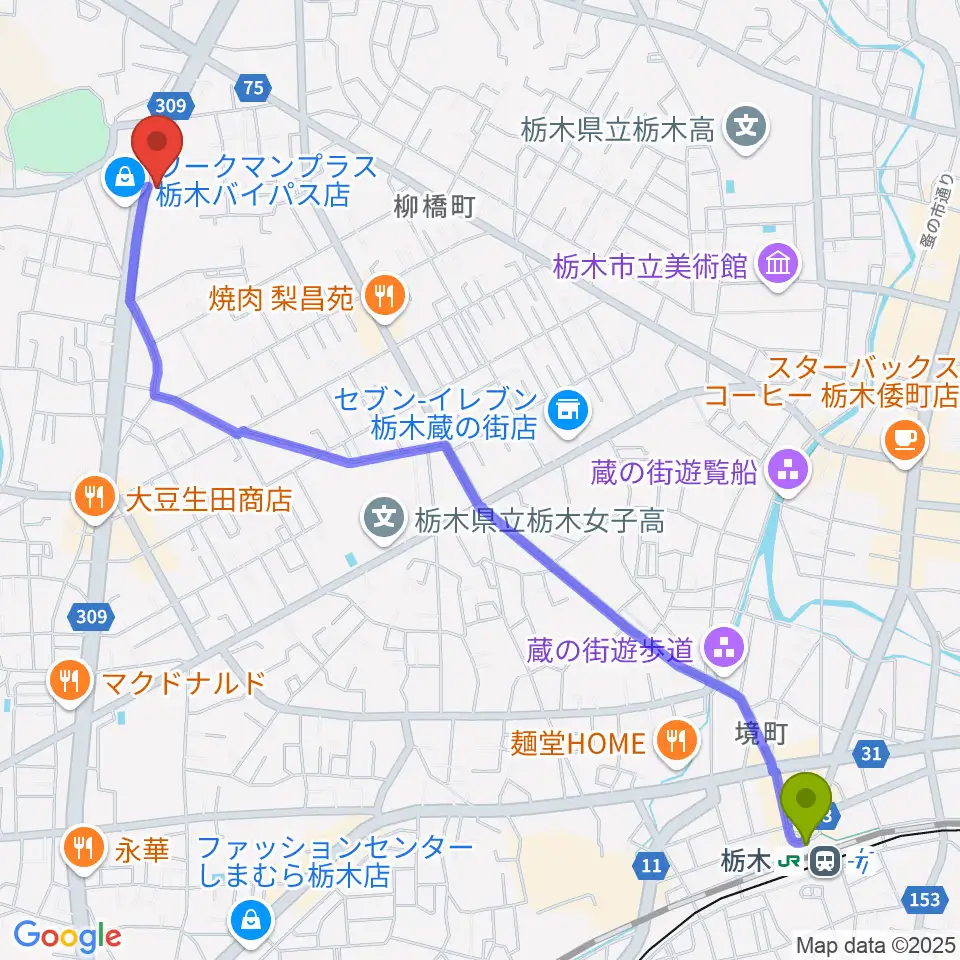 オオノ楽器 栃木店の最寄駅栃木駅からの徒歩ルート（約30分）地図