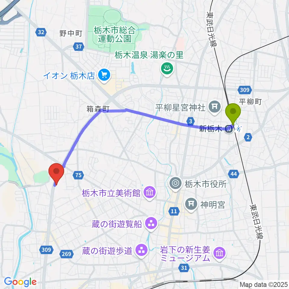新栃木駅からオオノ楽器 栃木店へのルートマップ地図