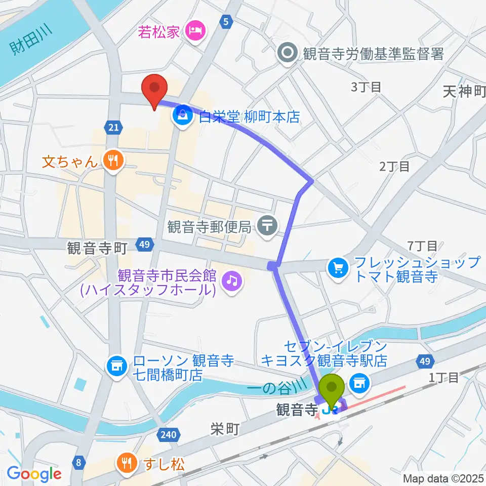 オオサカヤ 観音寺本店の最寄駅観音寺駅からの徒歩ルート（約11分）地図