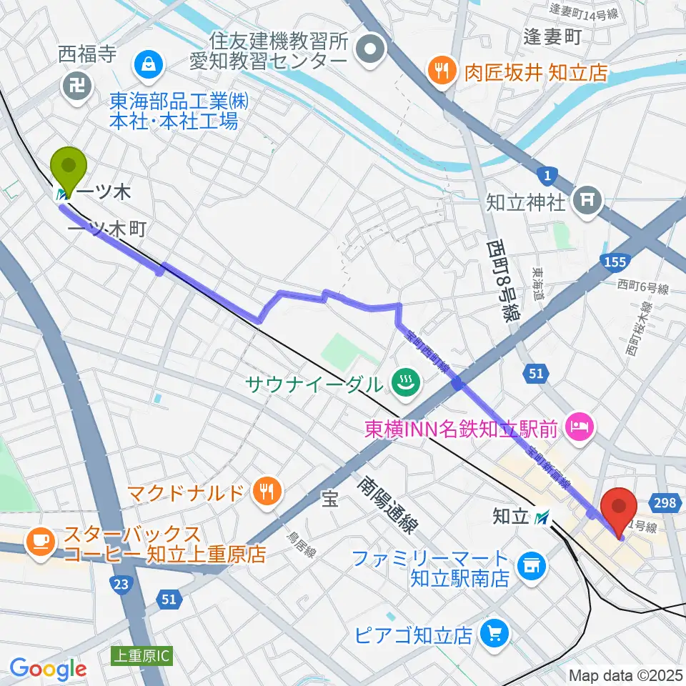 一ツ木駅からピアノ百貨知立店へのルートマップ地図