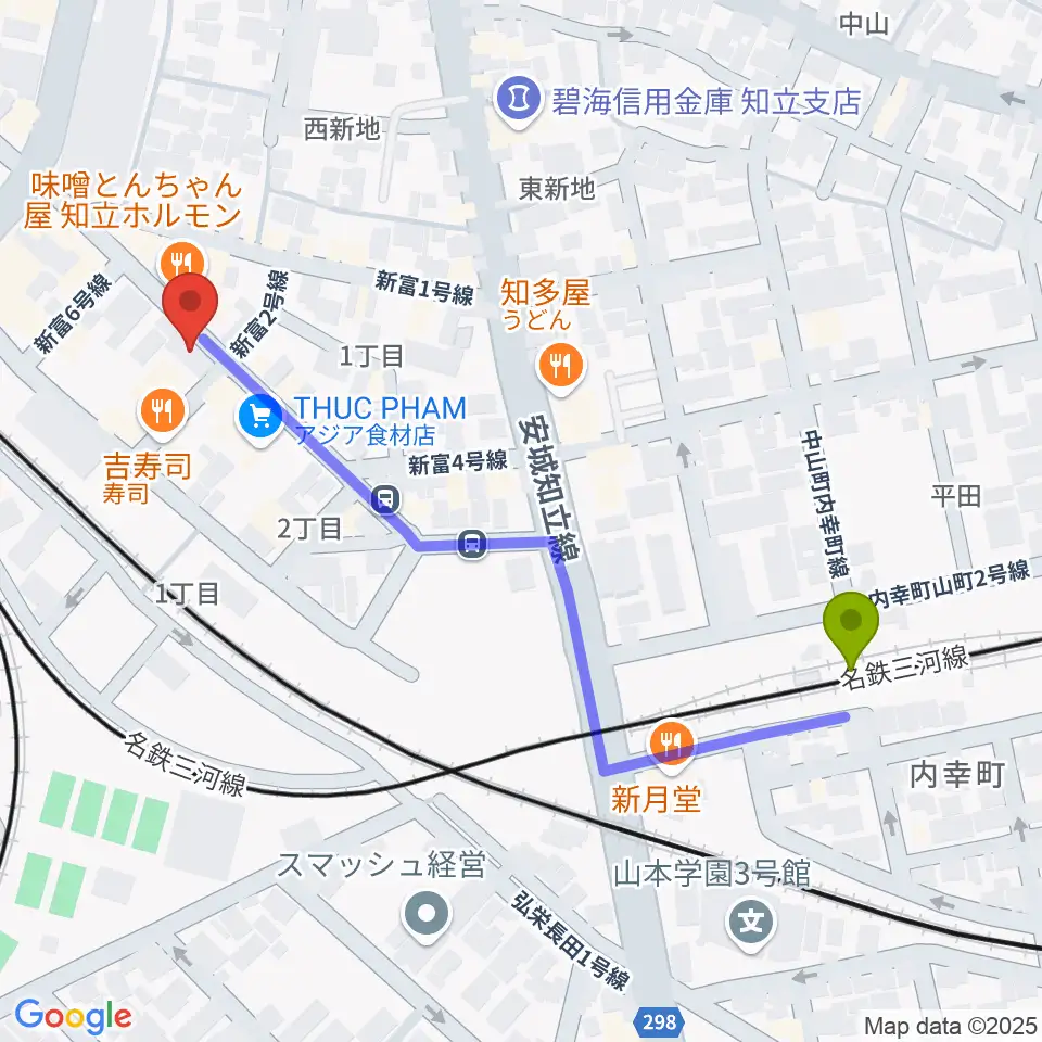 三河知立駅からピアノ百貨知立店へのルートマップ地図