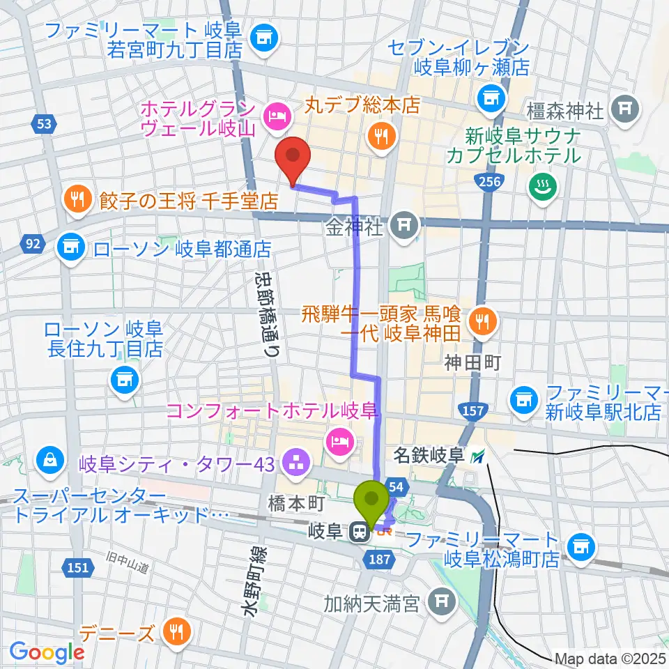 岐阜駅からピアノ百貨 岐阜店へのルートマップ地図