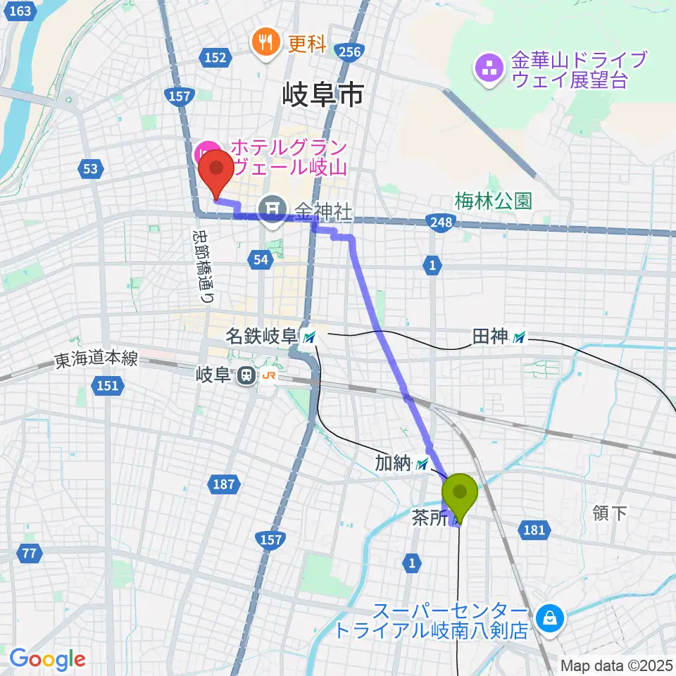 茶所駅からピアノ百貨 岐阜店へのルートマップ地図
