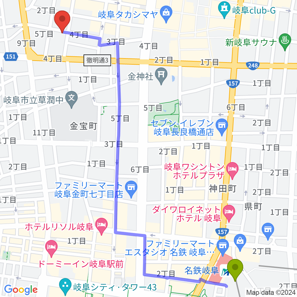 ピアノ百貨 岐阜店の最寄駅名鉄岐阜駅からの徒歩ルート（約16分）地図
