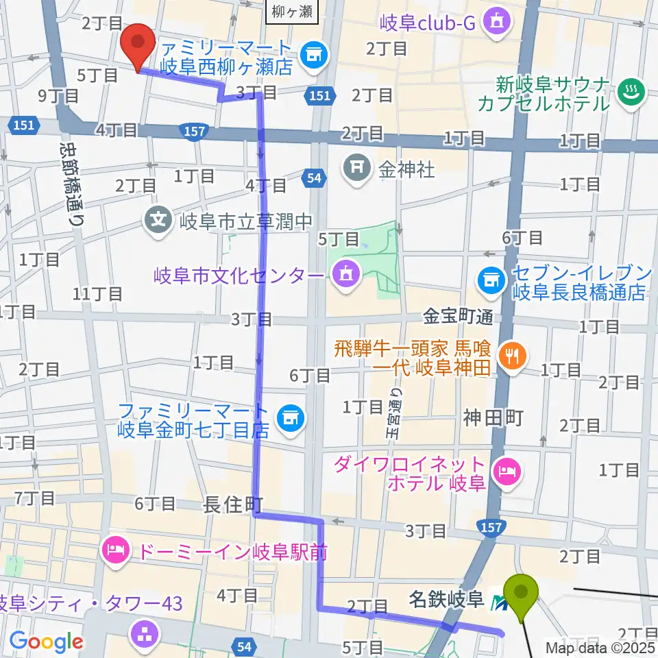 ピアノ百貨 岐阜店の最寄駅名鉄岐阜駅からの徒歩ルート（約16分）地図