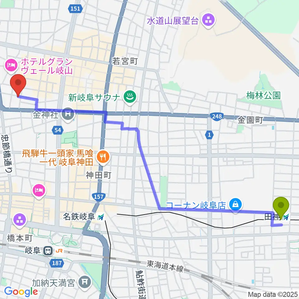 田神駅からピアノ百貨 岐阜店へのルートマップ地図