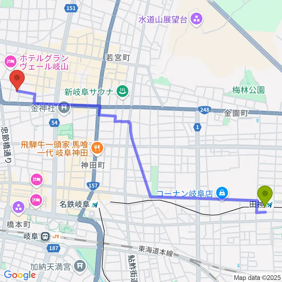 田神駅からピアノ百貨 岐阜店へのルートマップ地図