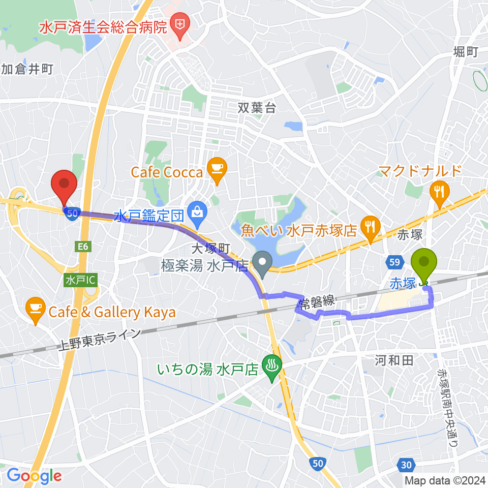 ピアノハウス水戸の最寄駅赤塚駅からの徒歩ルート（約47分）地図