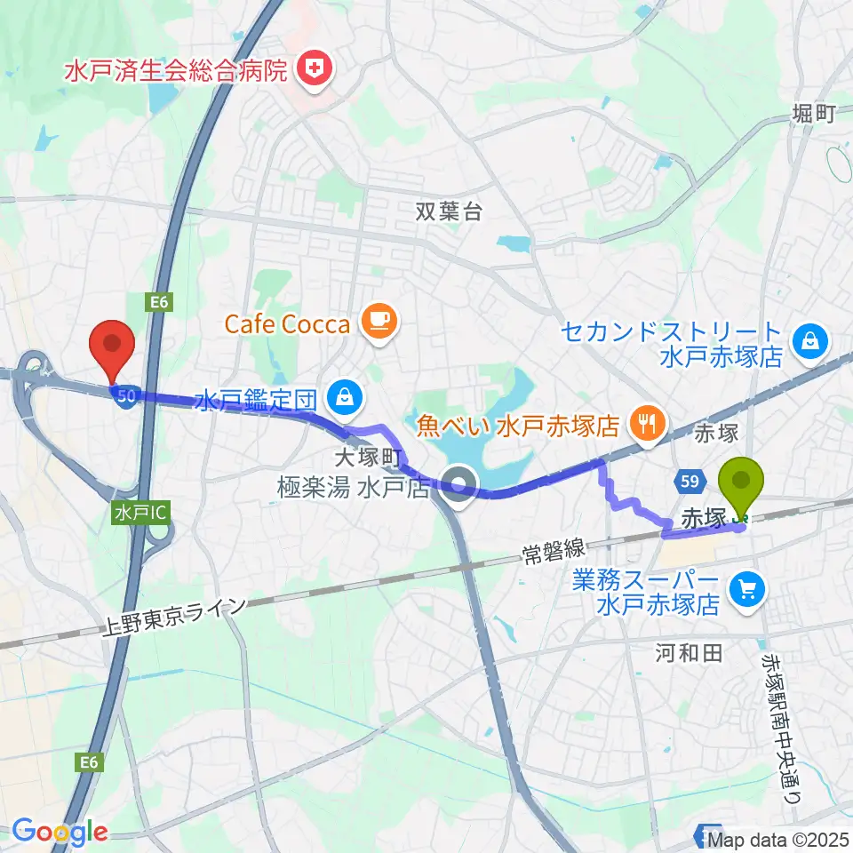 ピアノハウス水戸の最寄駅赤塚駅からの徒歩ルート（約47分）地図