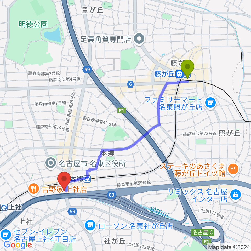 藤が丘駅からピアノ百貨名古屋店へのルートマップ地図