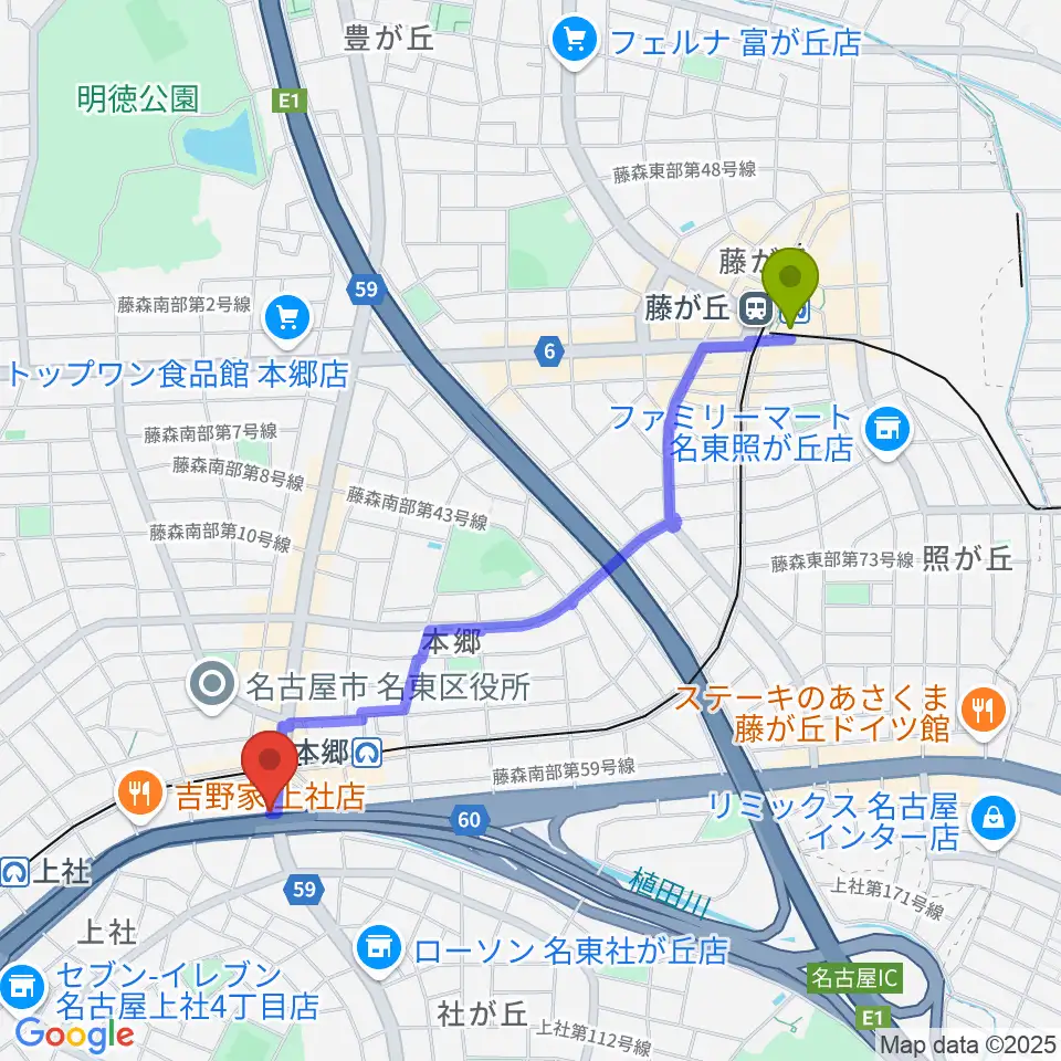 藤が丘駅からピアノ百貨 名古屋店へのルートマップ地図