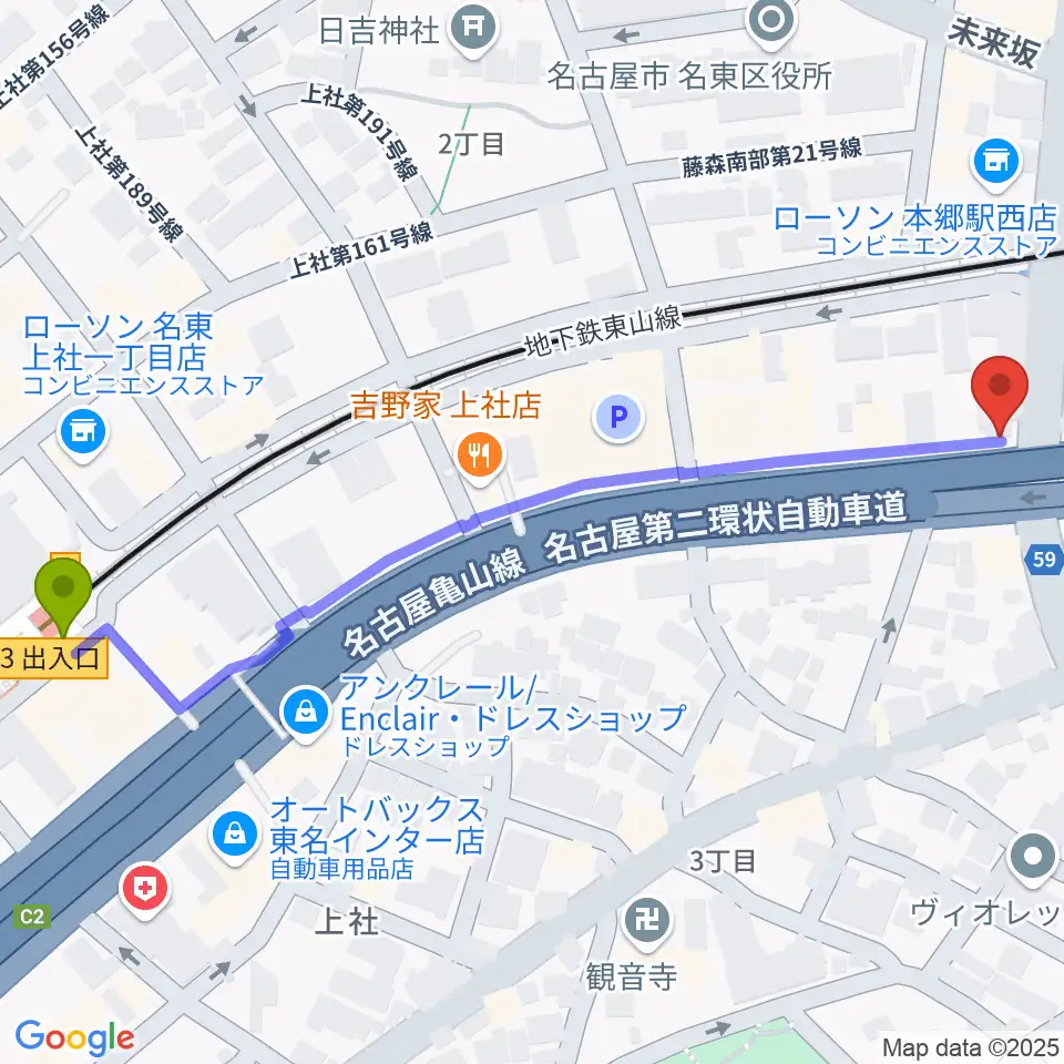 上社駅からピアノ百貨 名古屋店へのルートマップ地図