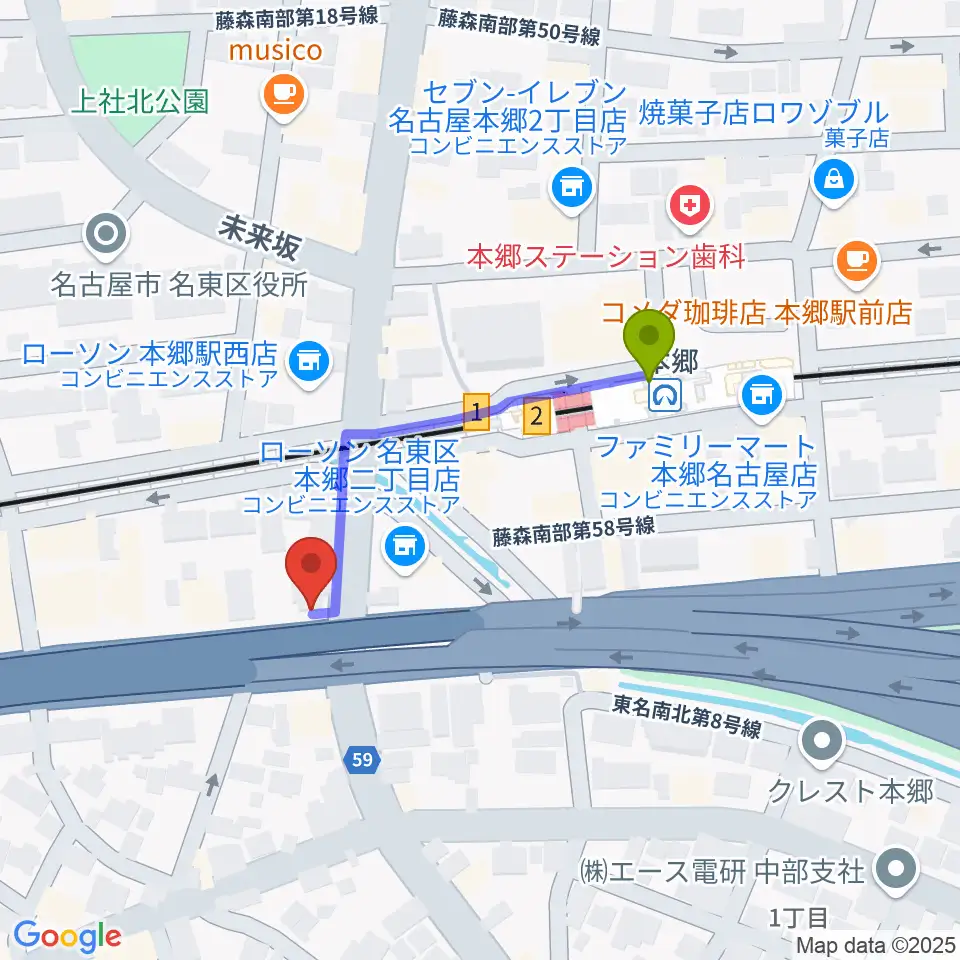 ピアノ百貨 名古屋店の最寄駅本郷駅からの徒歩ルート（約3分）地図
