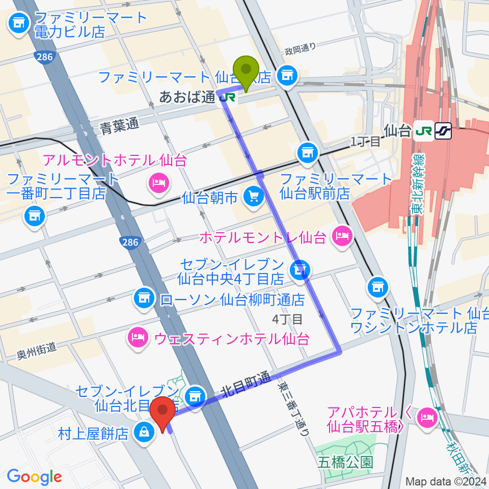 あおば通駅からピアノテック仙台へのルートマップ地図