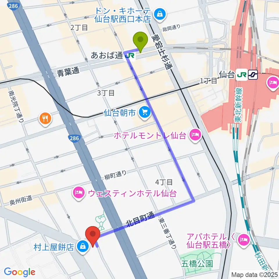 あおば通駅からピアノテック仙台へのルートマップ地図