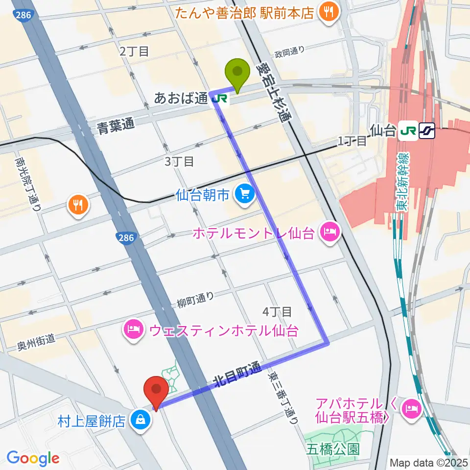 あおば通駅からピアノテック仙台へのルートマップ地図