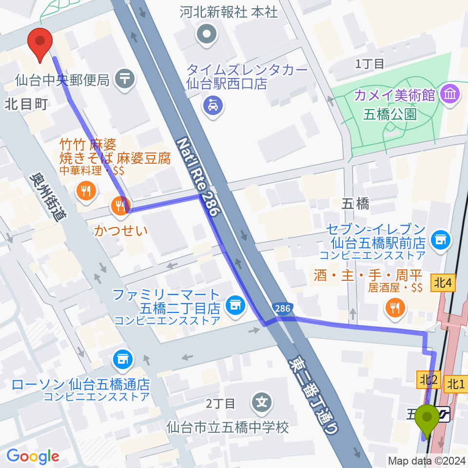 ピアノテック仙台の最寄駅五橋駅からの徒歩ルート（約9分）地図