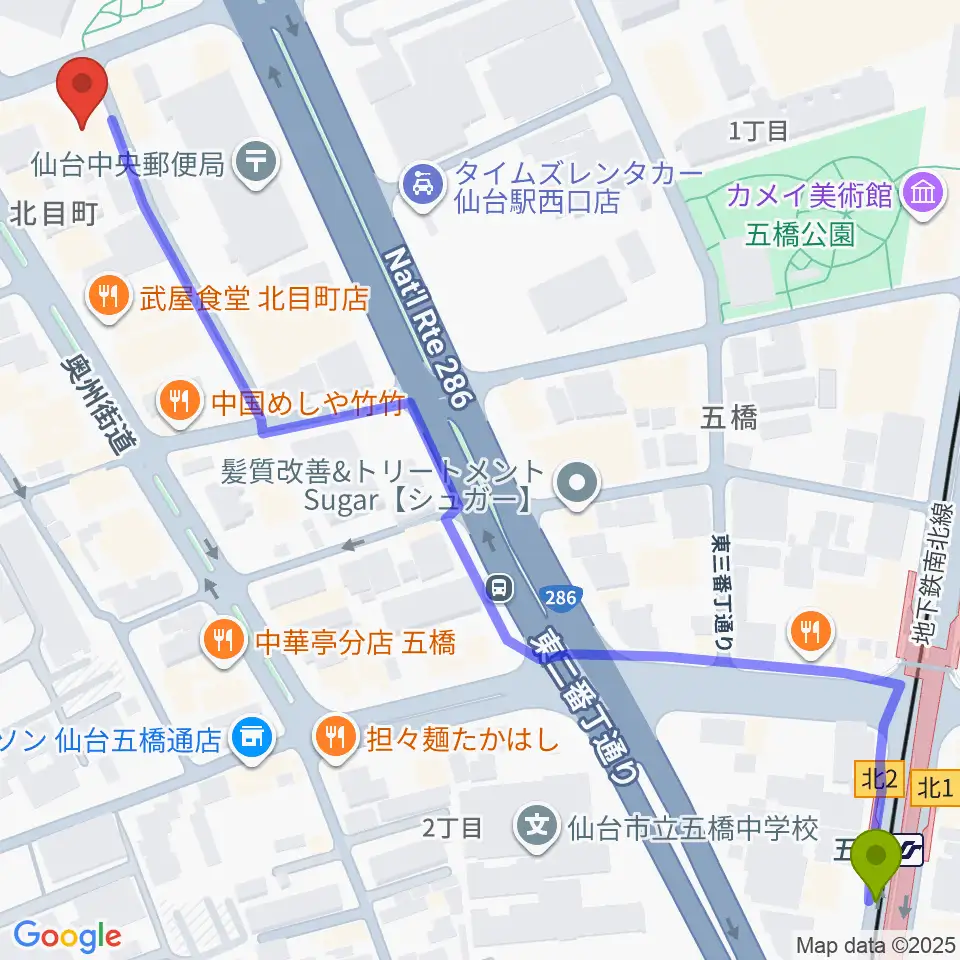 ピアノテック仙台の最寄駅五橋駅からの徒歩ルート（約9分）地図