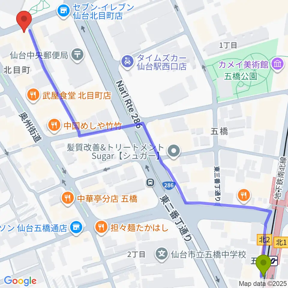 ピアノテック仙台の最寄駅五橋駅からの徒歩ルート（約9分）地図