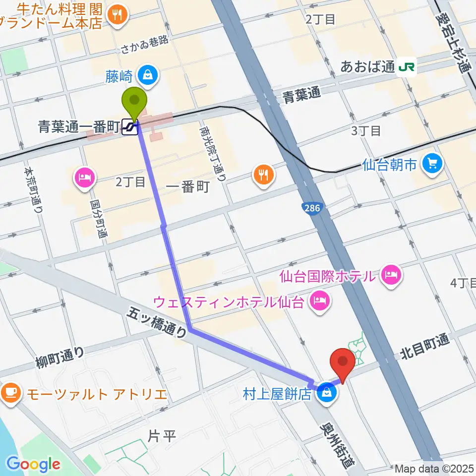 青葉通一番町駅からピアノテック仙台へのルートマップ地図