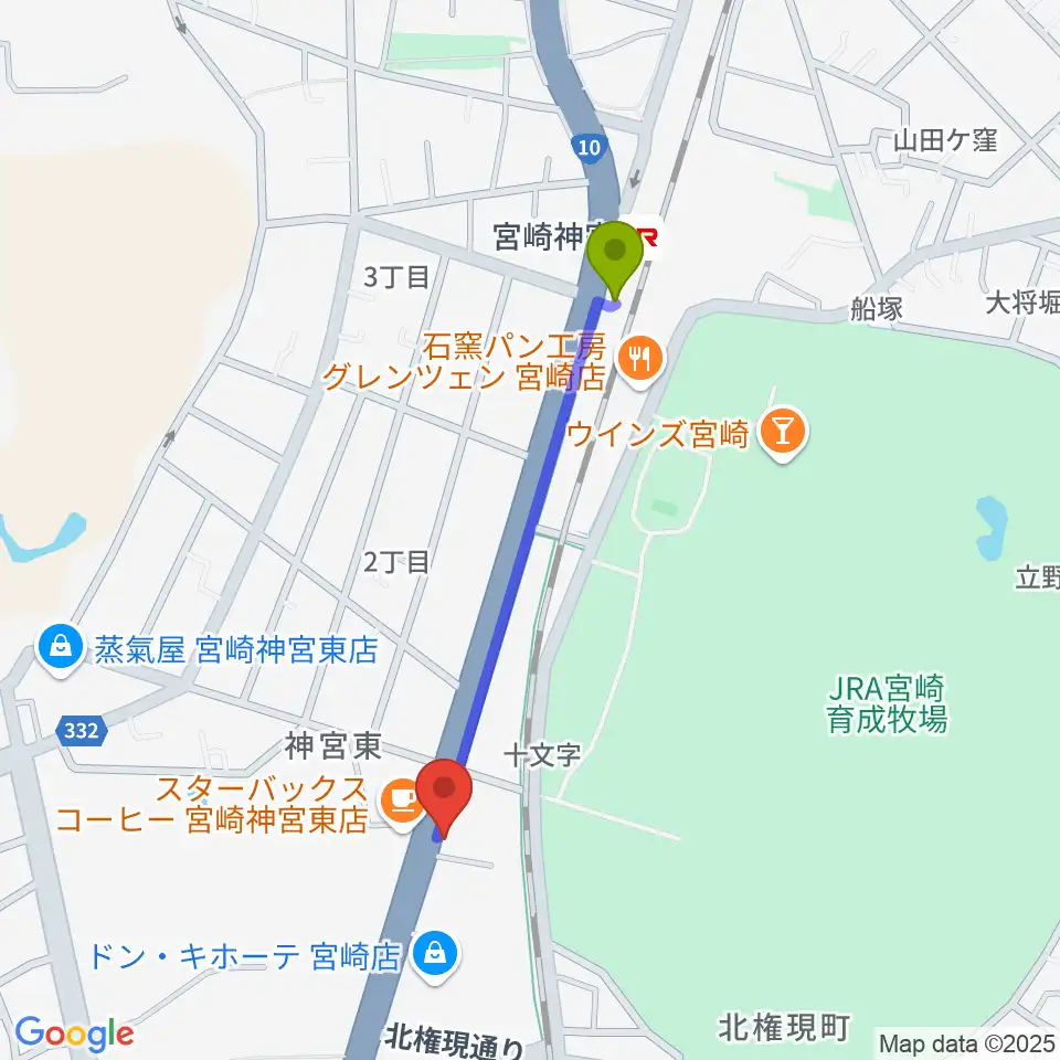 ピアノバンクの最寄駅宮崎神宮駅からの徒歩ルート（約9分）地図