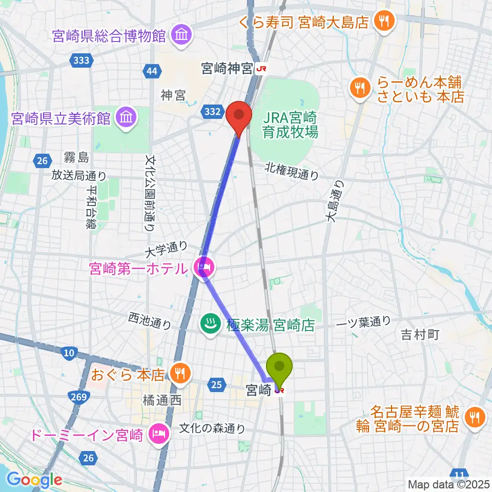 宮崎駅からピアノバンクへのルートマップ地図