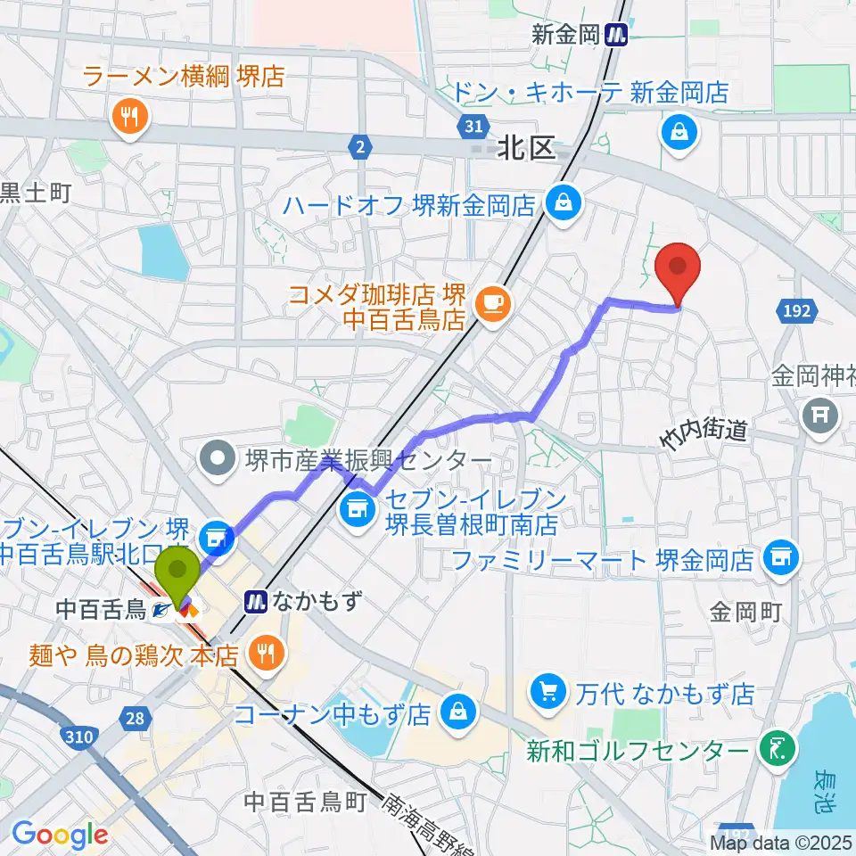 中百舌鳥駅からTSCカスタムショップへのルートマップ地図