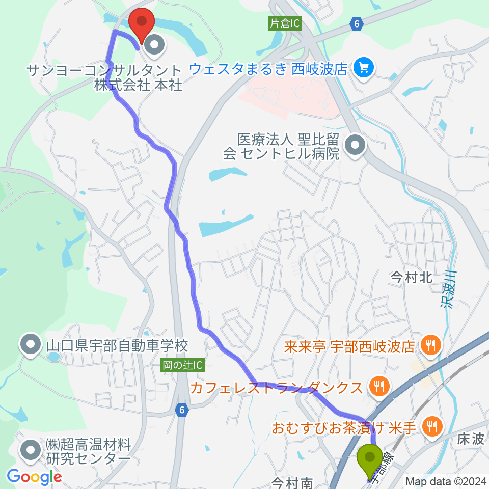 プロビジョンギターの最寄駅床波駅からの徒歩ルート（約32分）地図