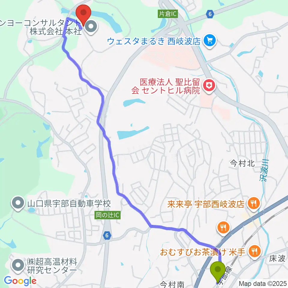 プロビジョンギターの最寄駅床波駅からの徒歩ルート（約32分）地図