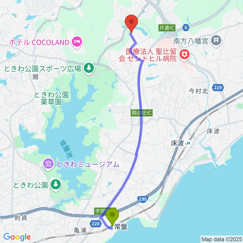 常盤駅からプロビジョンギターへのルートマップ地図