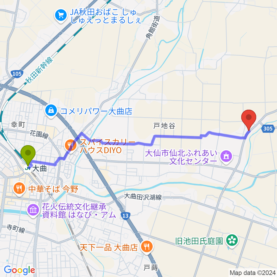 大曲駅から有限会社 鈴木太鼓店へのルートマップ地図