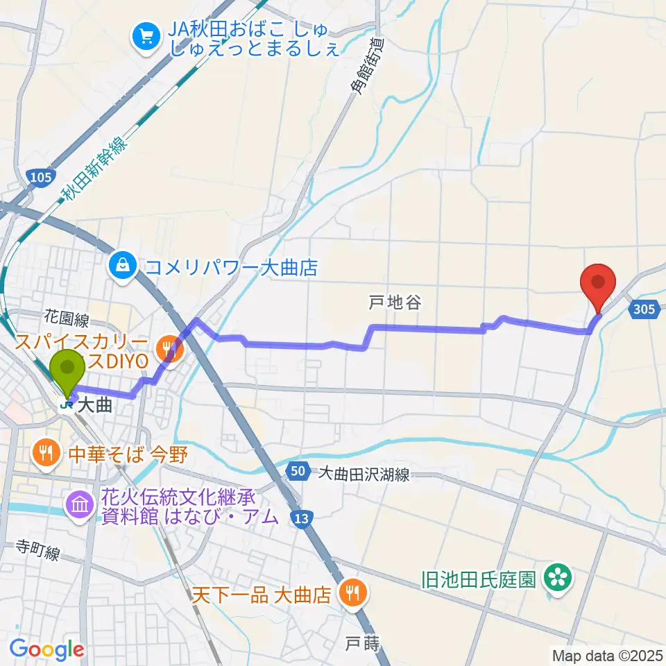 大曲駅から有限会社 鈴木太鼓店へのルートマップ地図