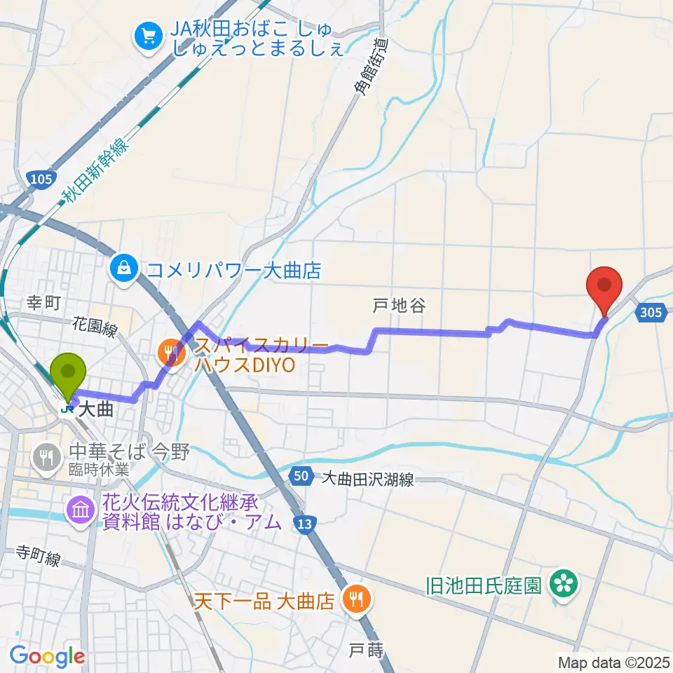 大曲駅から有限会社 鈴木太鼓店へのルートマップ地図