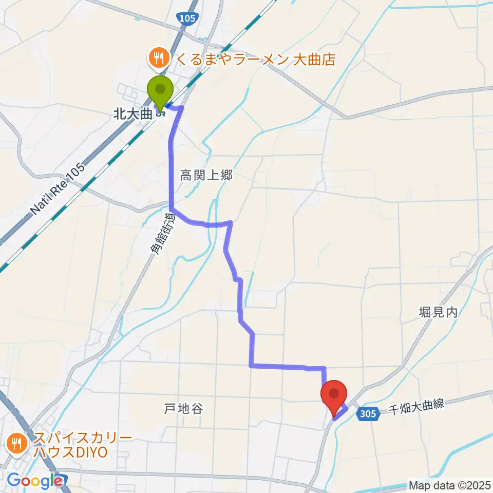 有限会社 鈴木太鼓店の最寄駅北大曲駅からの徒歩ルート（約42分）地図