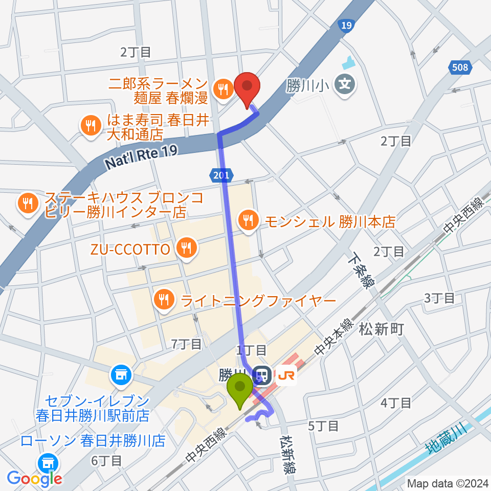 株式会社サカエ楽器の最寄駅勝川駅からの徒歩ルート（約10分）地図