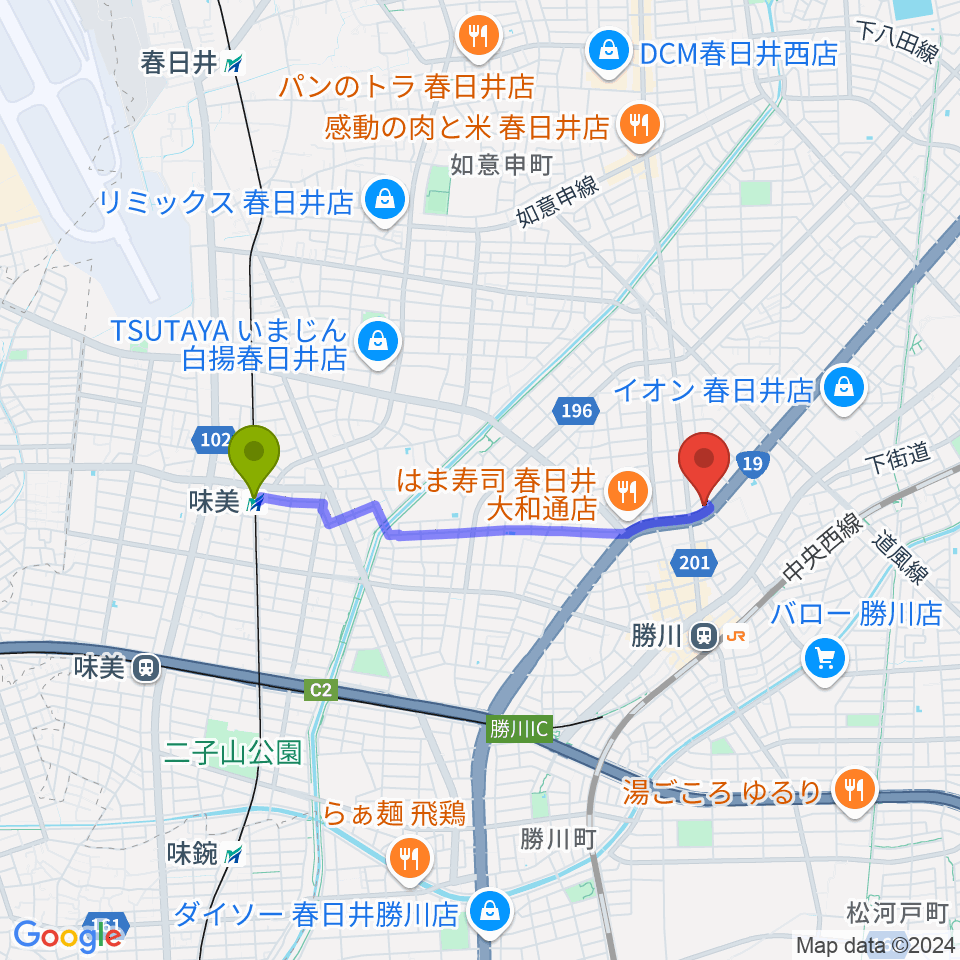 味美駅から株式会社サカエ楽器へのルートマップ地図