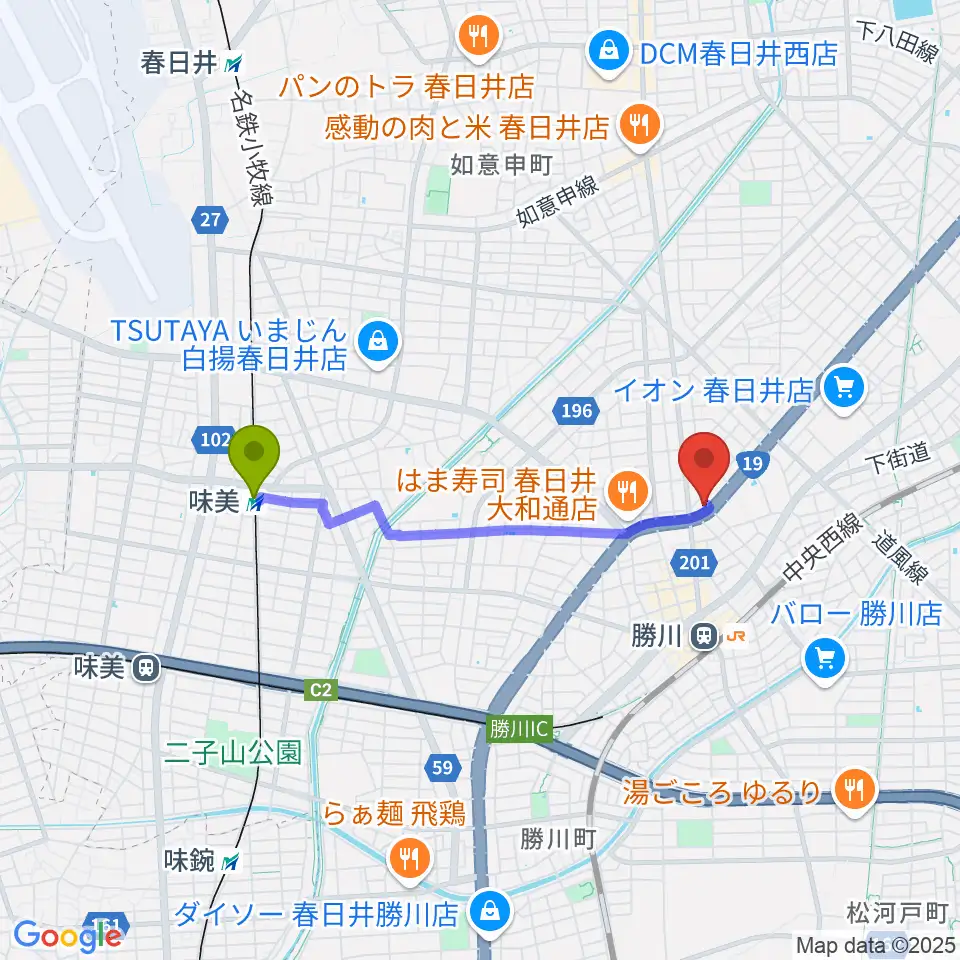 味美駅から株式会社サカエ楽器へのルートマップ地図