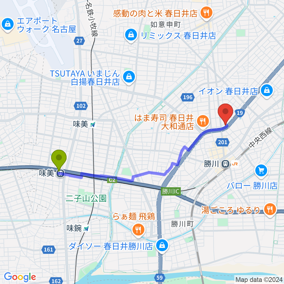 味美駅から株式会社サカエ楽器へのルートマップ地図