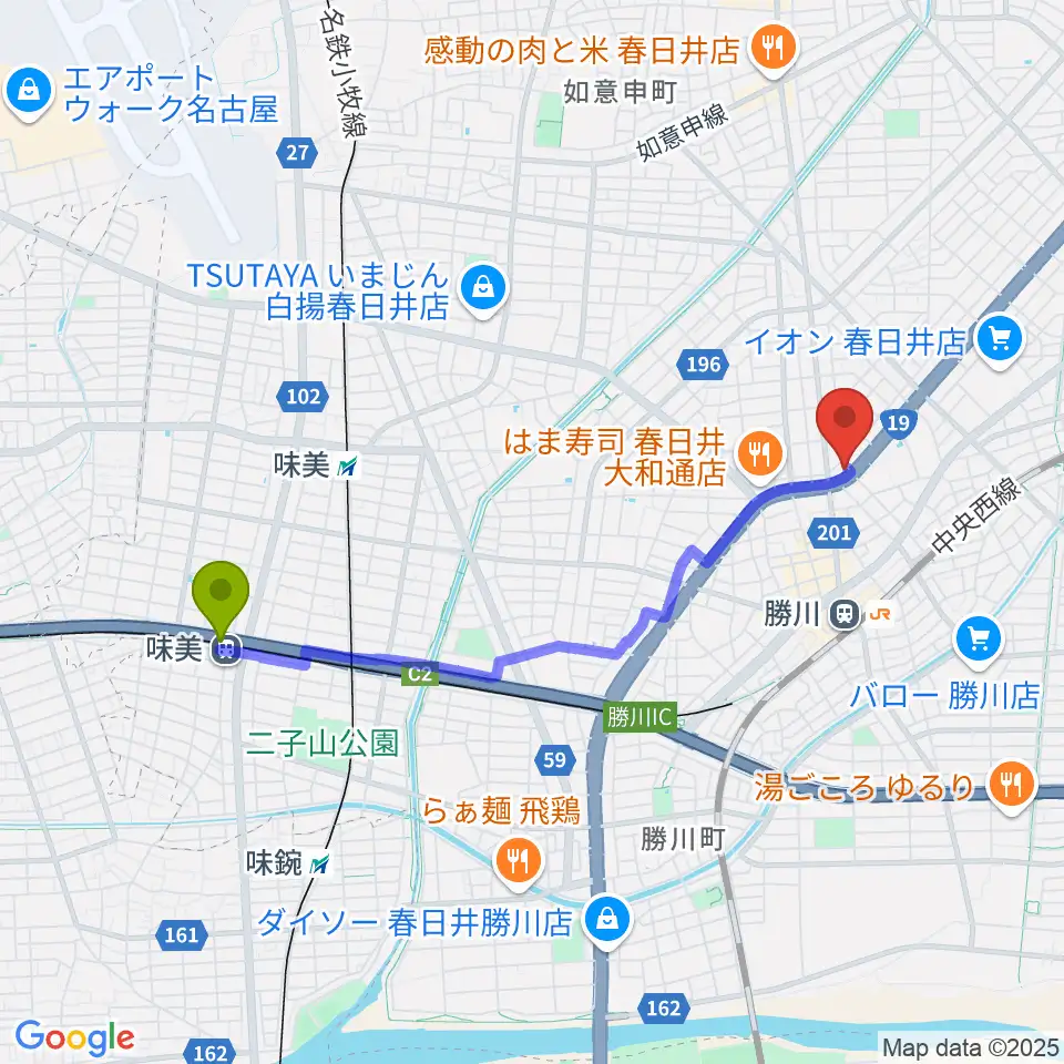 味美駅から株式会社サカエ楽器へのルートマップ地図