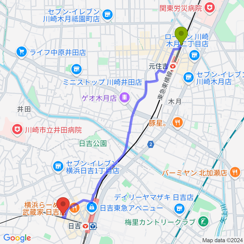 元住吉駅から山響楽器店 日吉店へのルートマップ地図