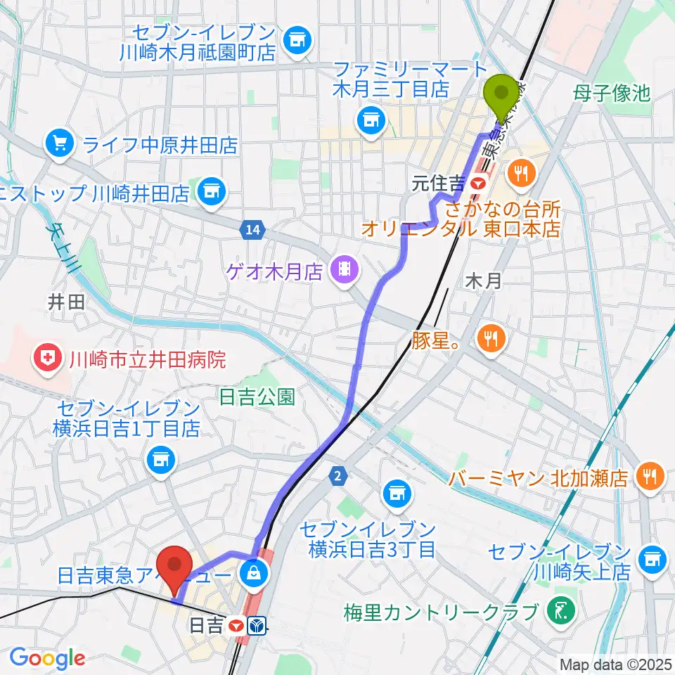 元住吉駅から山響楽器店 日吉店へのルートマップ地図