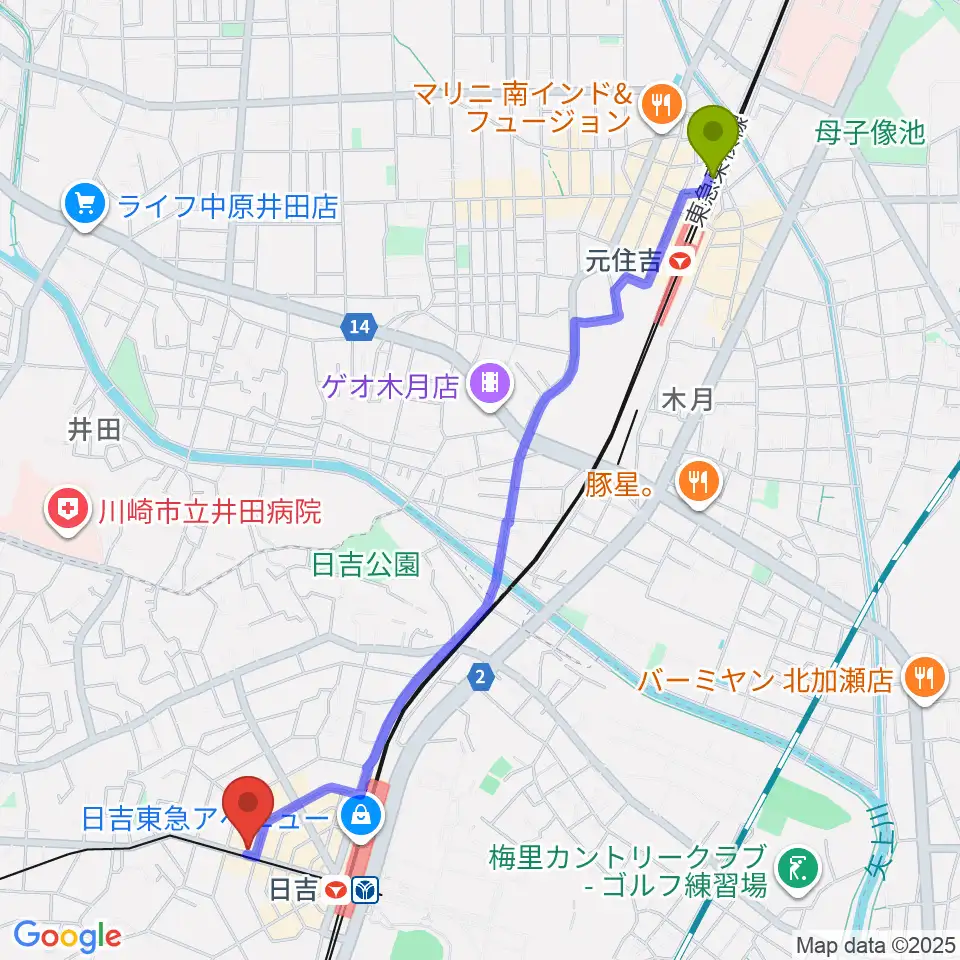 元住吉駅から山響楽器店 日吉店へのルートマップ地図