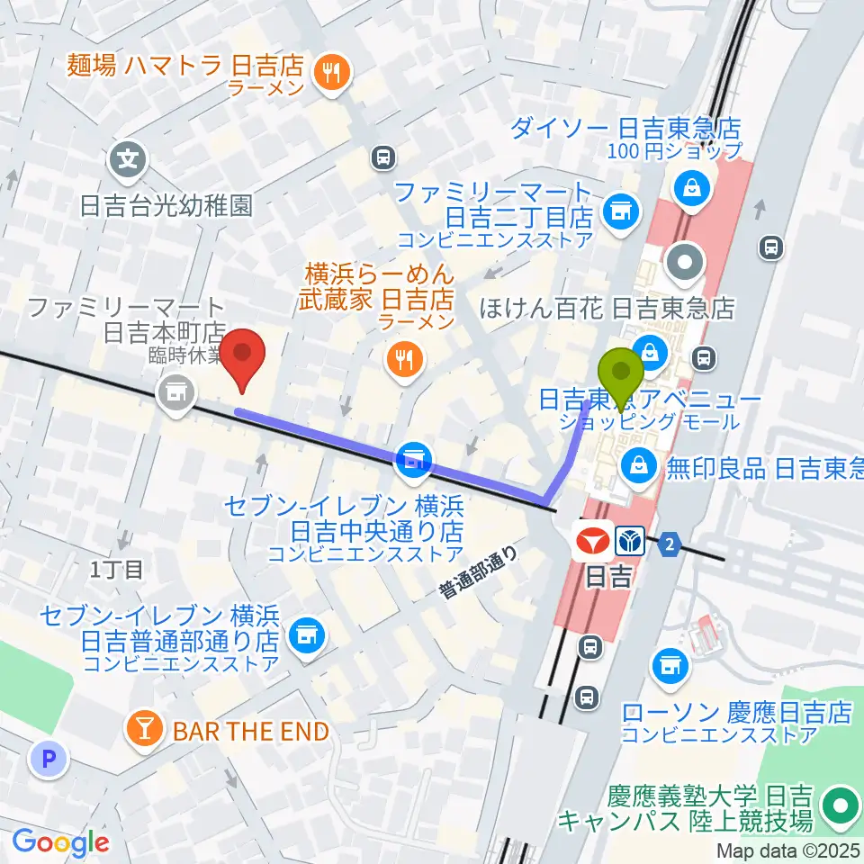 山響楽器店 日吉店の最寄駅日吉駅からの徒歩ルート（約3分）地図