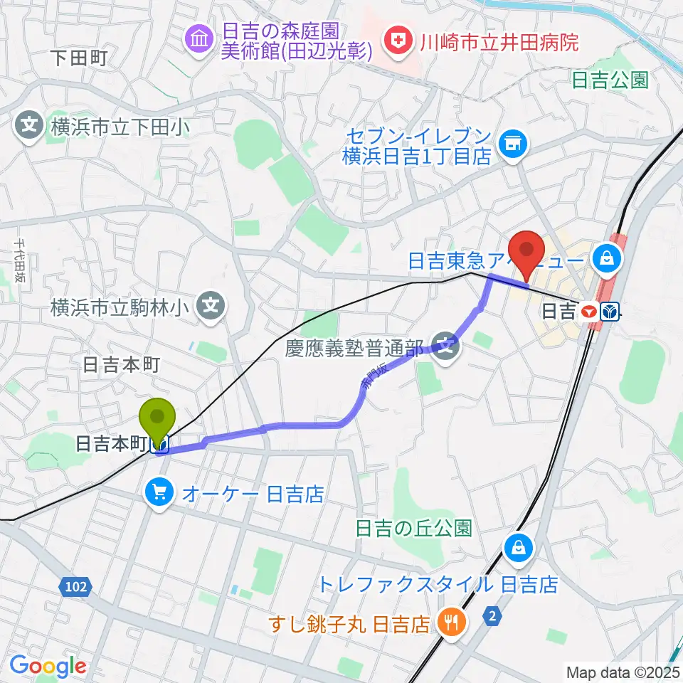 日吉本町駅から山響楽器店 日吉店へのルートマップ地図