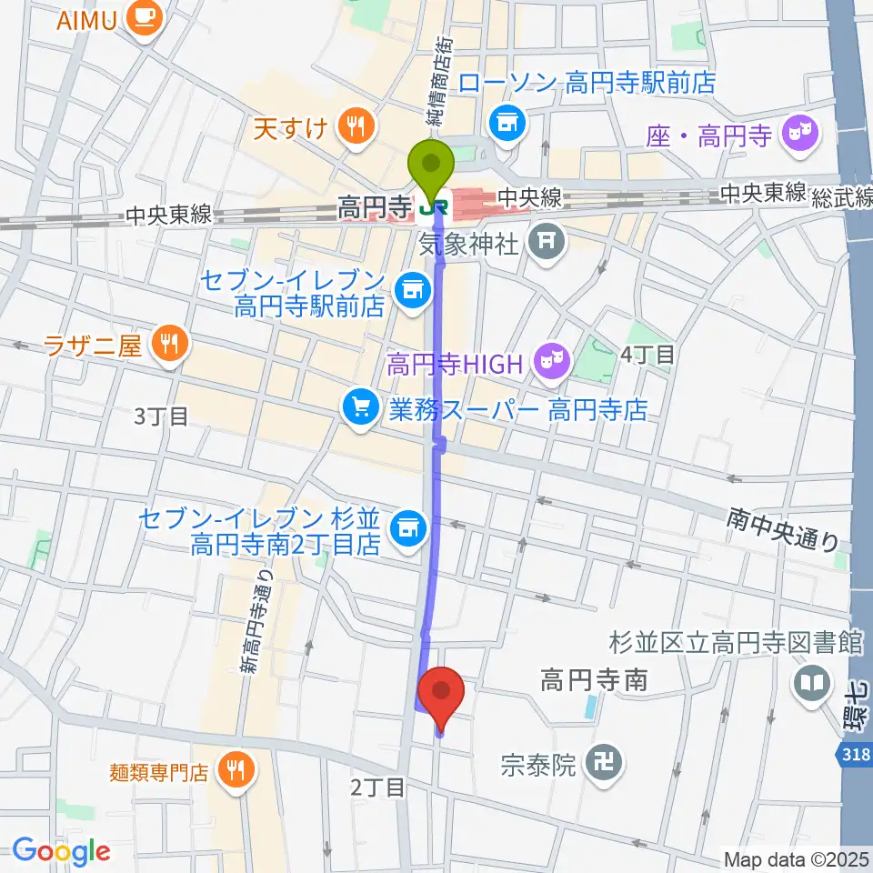 高円寺駅から佐々木ヴァイオリン製作工房へのルートマップ地図