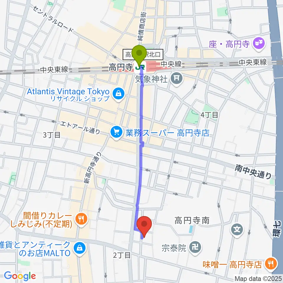 高円寺駅から佐々木ヴァイオリン製作工房へのルートマップ地図