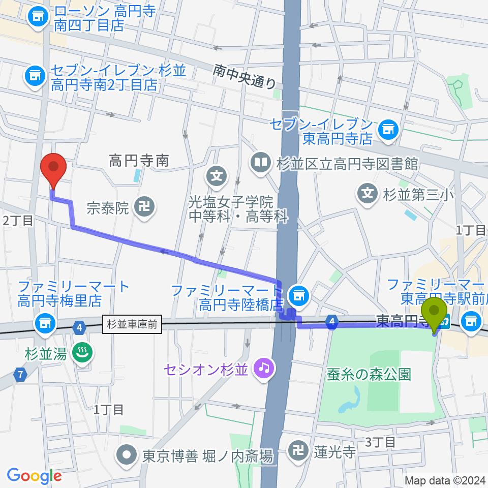 東高円寺駅から佐々木ヴァイオリン製作工房へのルートマップ地図