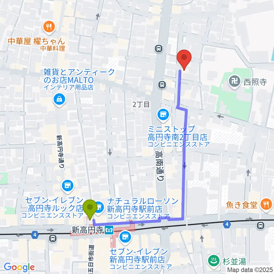 佐々木ヴァイオリン製作工房の最寄駅新高円寺駅からの徒歩ルート（約5分）地図