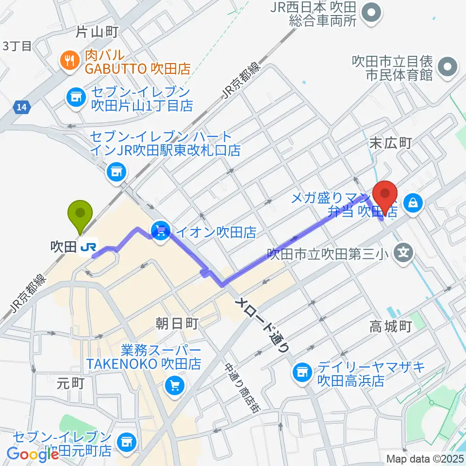 スクープクリエイションワークスの最寄駅吹田駅からの徒歩ルート（約10分）地図