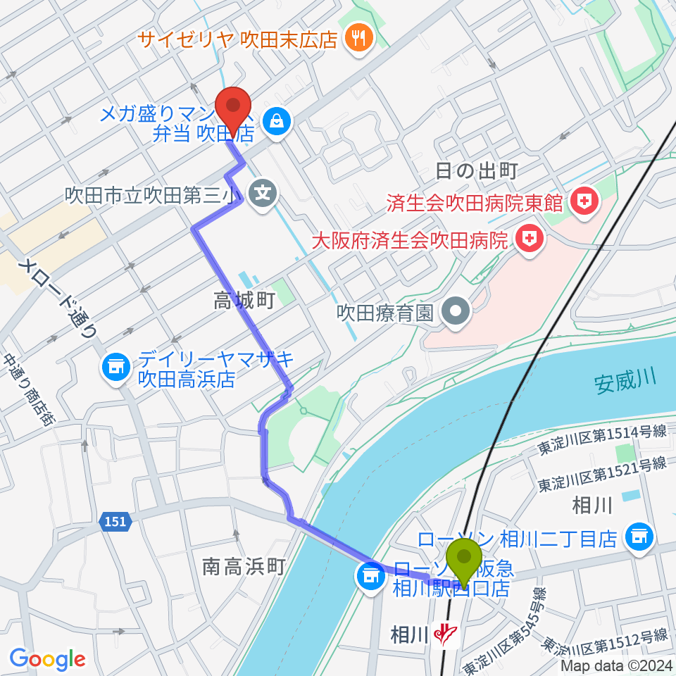 相川駅からスクープ クリエイション ワークスへのルートマップ地図